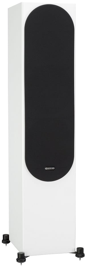 Monitor Audio Silver 500 6G wit satijn - zij frontaanzicht met grill - Zuilspeaker