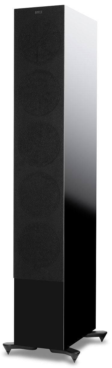 KEF R11 zwart hoogglans - zij frontaanzicht met grill - Zuilspeaker